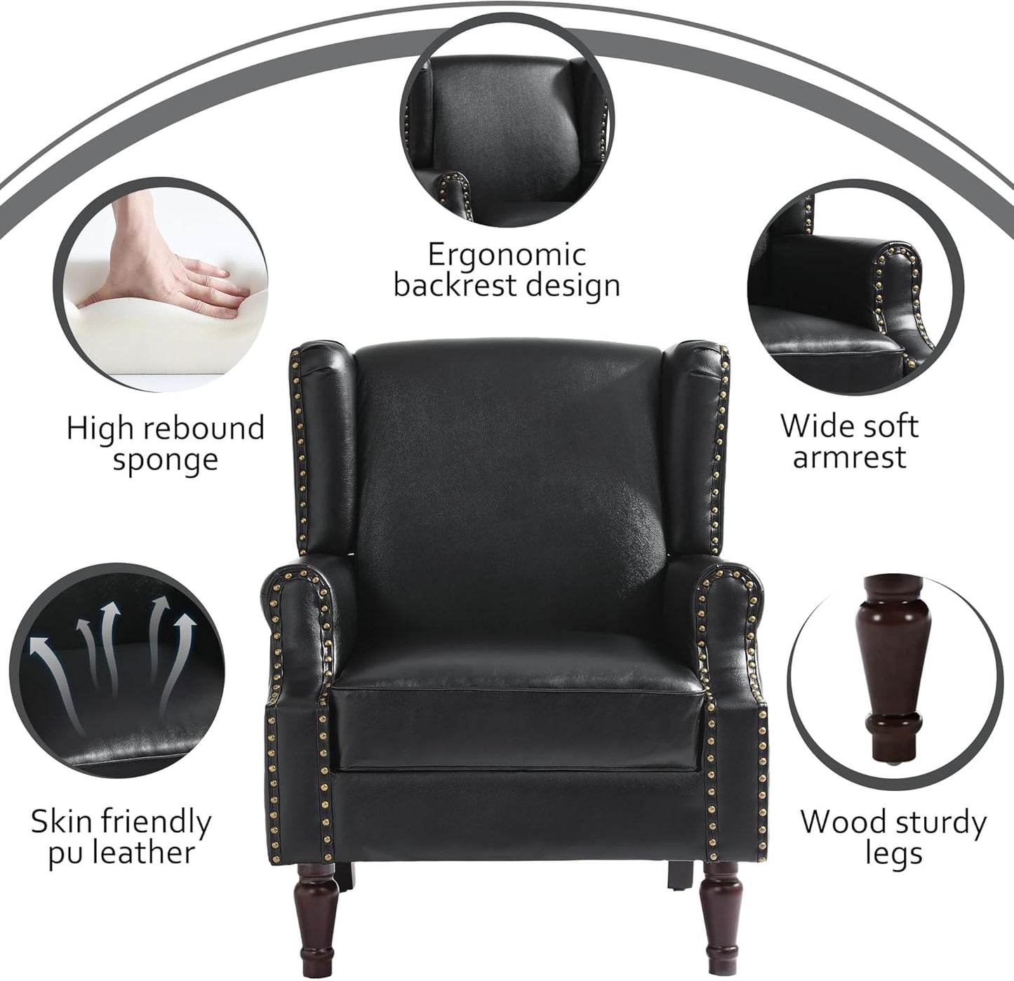 Accent Chairs, Faux Leather High Back Armchair Set of 2 or Living Room, Comfy Upholstered Single