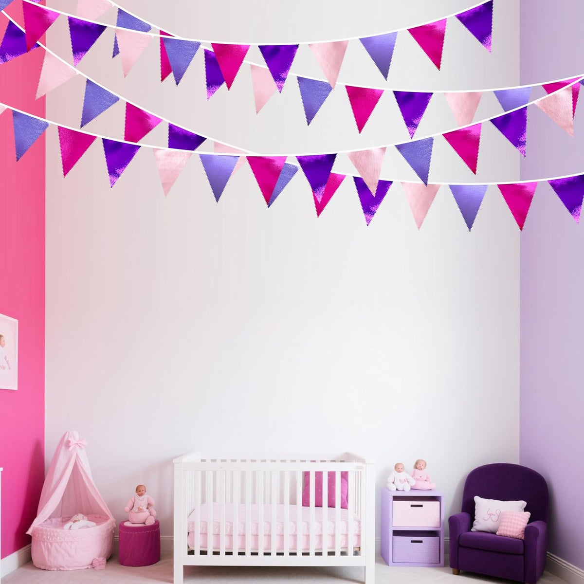 Pink and Purple Party Decorations Metallic Hot Pink Lavender Fabric Triangle Pennant Banner Flag