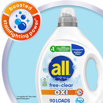 all Liquid Laundry Detergent, Free Clear for Sensitive Skin with OXI, Unscented and Hypoallergenic