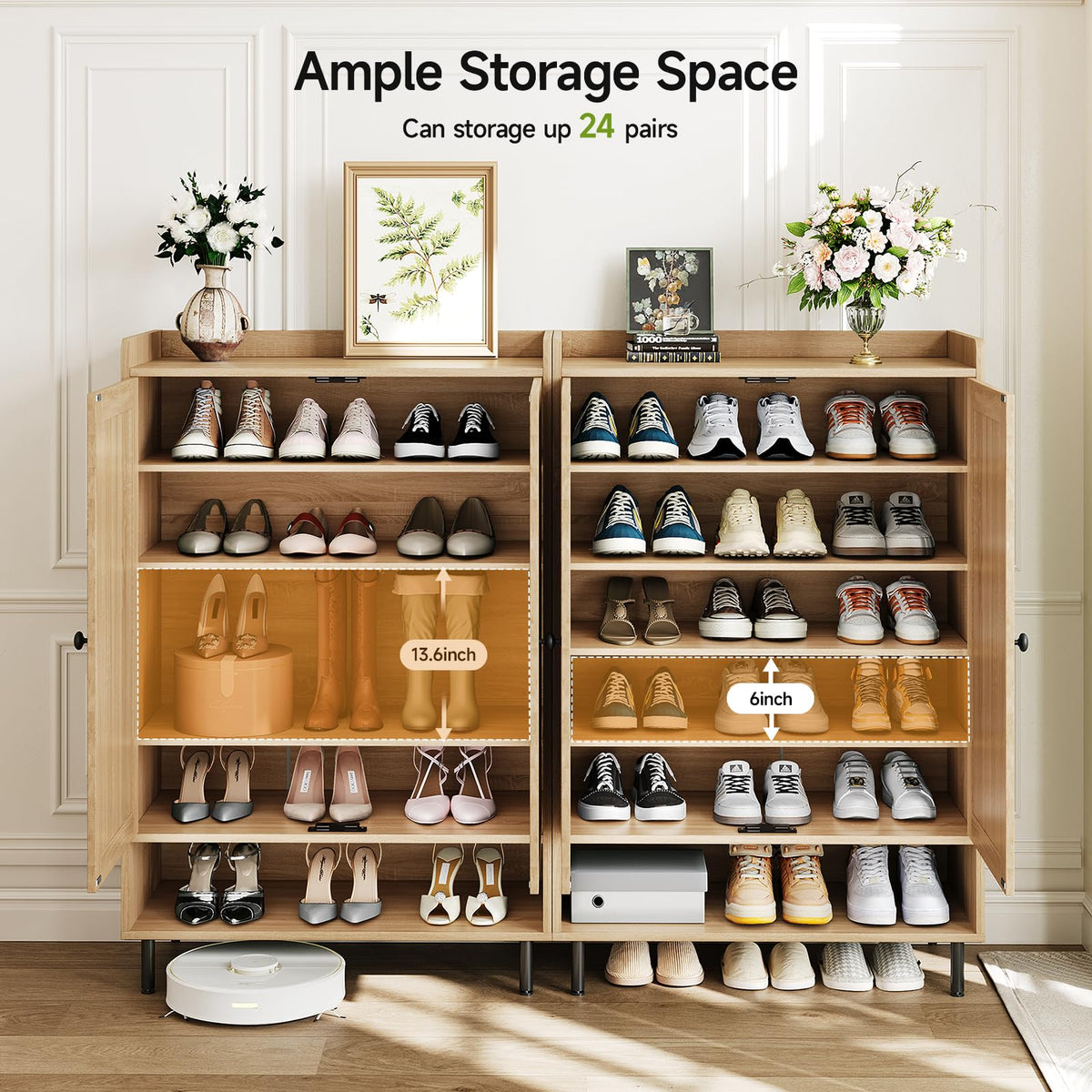ComfyCorner Shoe Cabinet with Cross Molding Doors, 6-Tier Storage, Oak