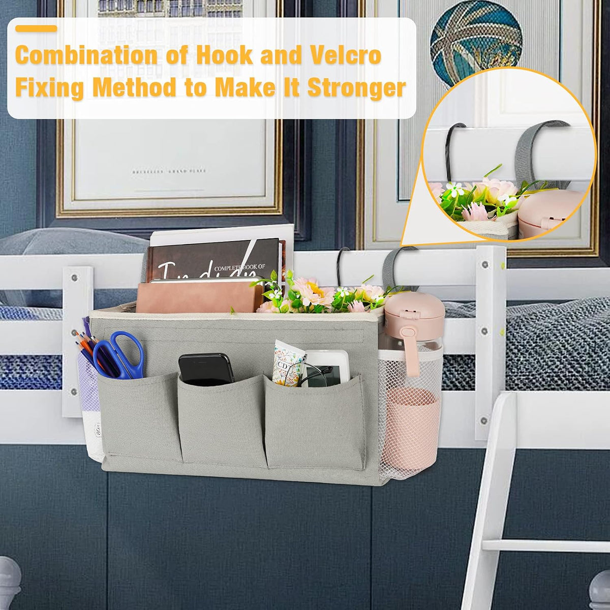 Bedside Caddy Organizer with Fixed Straps & Water Bottle Holder for Home, College Dorm, Bunk Bed