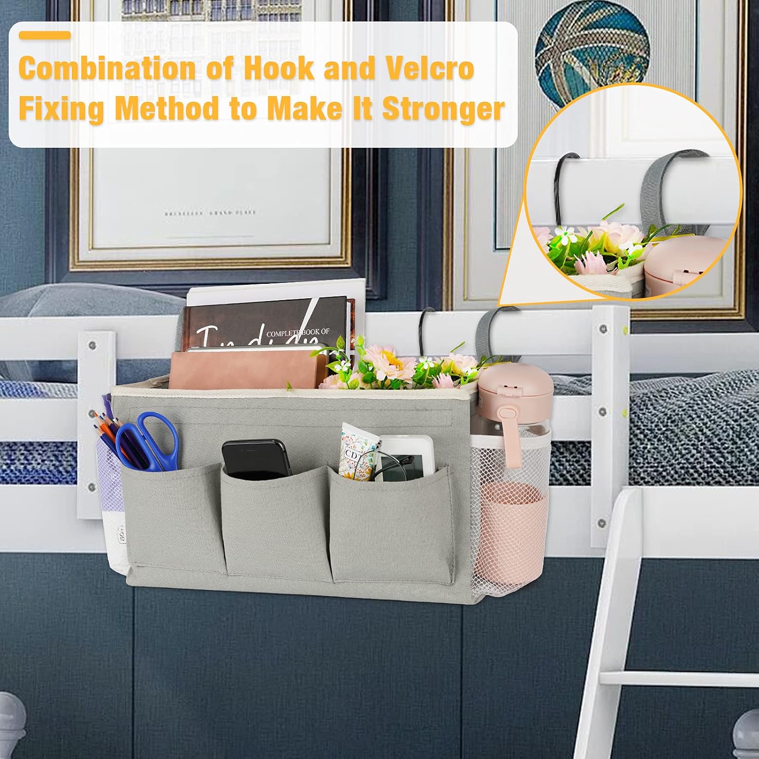 Bedside Storage Organizer with Fixed Straps and Water Bottle Holder for Home, College, Dorm, Bunk /