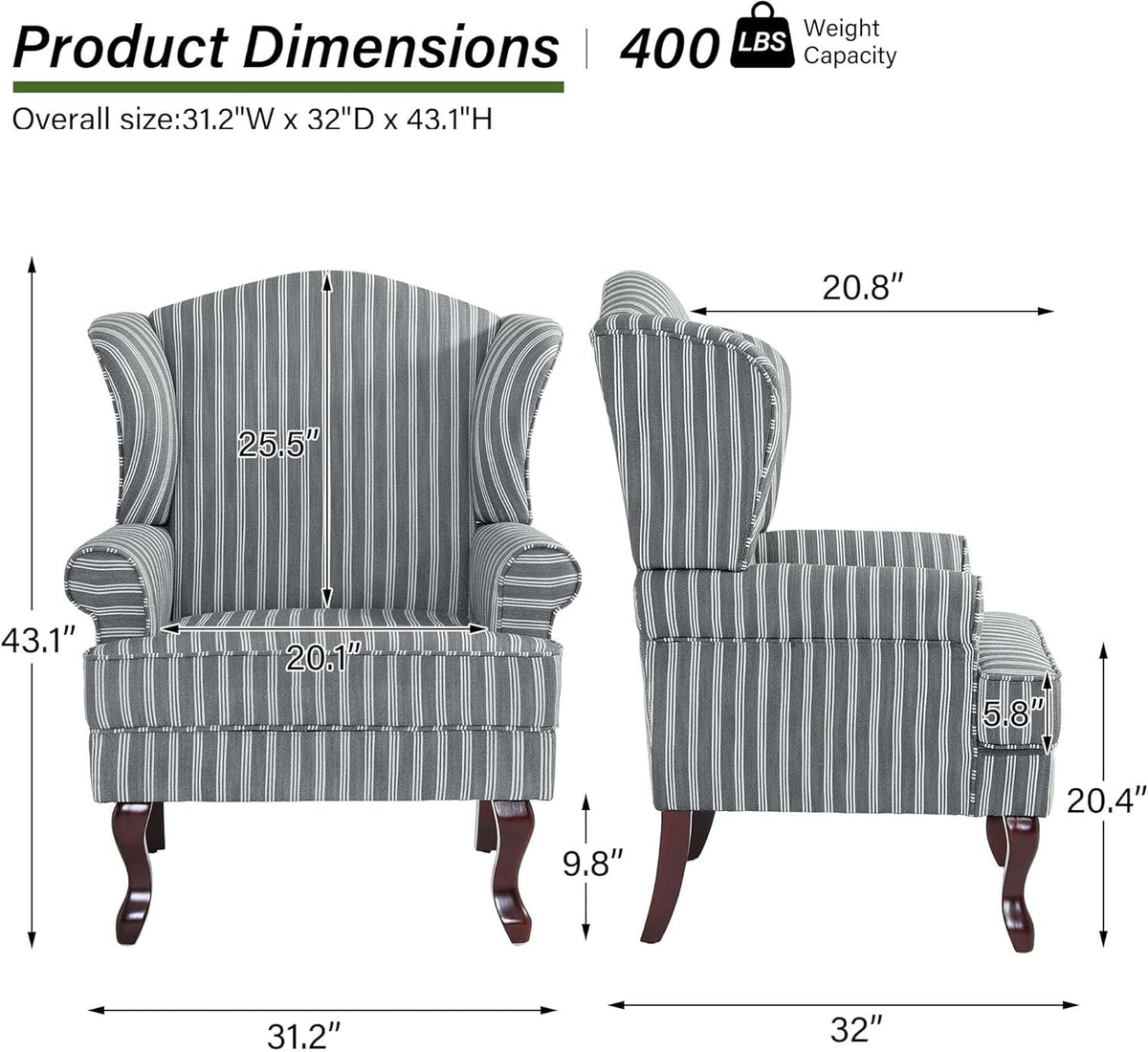 Accent Chair, High Back Upholstered Armchair with High Resilience Sponge & Wood Legs, Mid-Century