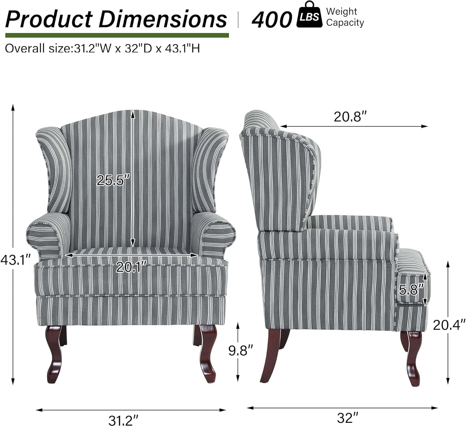 Accent Chair, High Back Upholstered Armchair with High Resilience Sponge & Wood Legs, Mid-Century