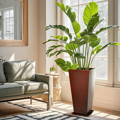 KOL 25''H. Galvanized Steel Planter with Saucer, Tall Glazed Planter Pots for Indoor & Outdoor Use