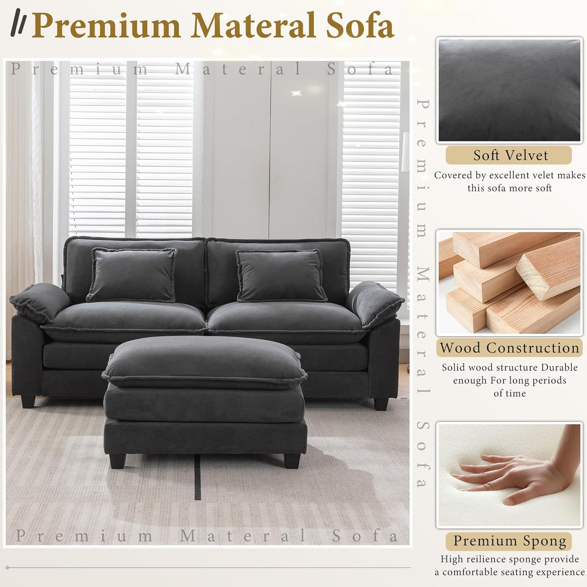 URRED Modular Sectional Sofa Comfy Cloud Couch, Modern Velvet Sofa Sleeper Deep Seat Couches with