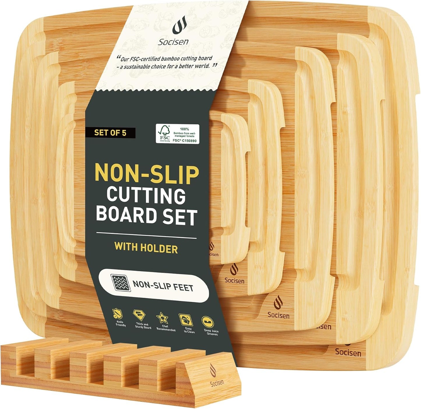 Bamboo Cutting Board Set Non Slip Feet with Holder Over Sink Wooden Cutting Boards Eating Grilling