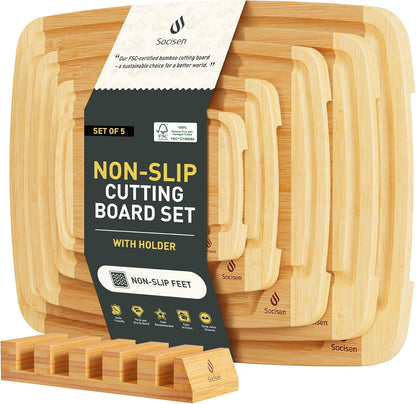 Bamboo Cutting Board Set Non Slip Feet with Holder Over Sink Wooden Cutting Boards Eating Grilling