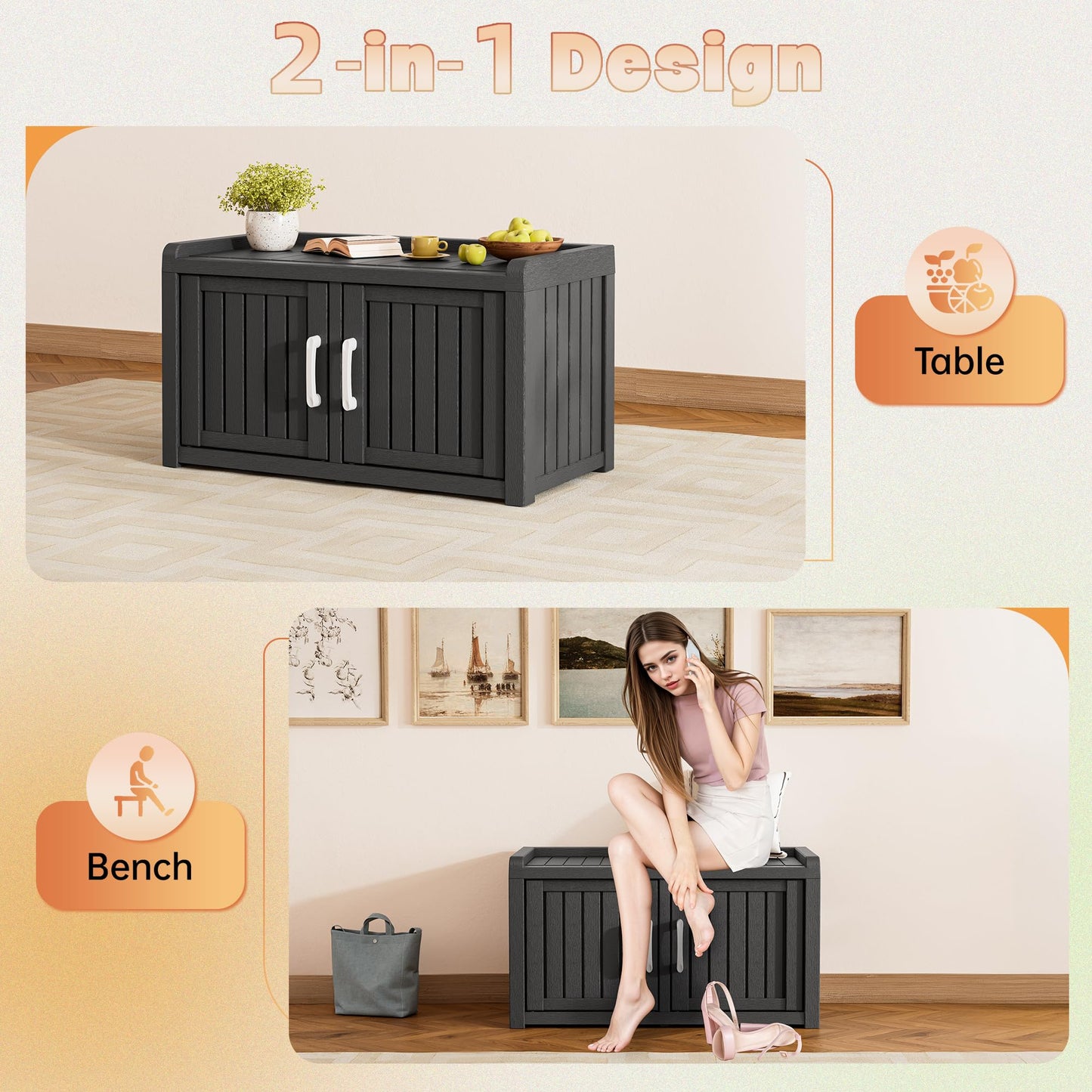 KAMABOKO Outdoor Shoe Storage Cabinet, Waterproof UV-Resistant Entryway Storage Bench Indoor