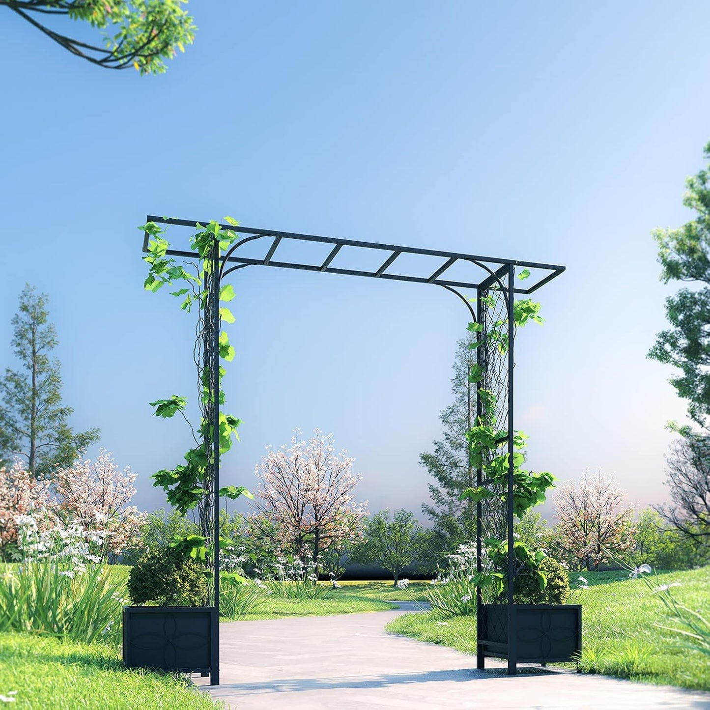 Zhongma Metal Garden Arbor with Planters, 83.5'' High x 90.5'' Wide, Outdoor Arch for Climbing