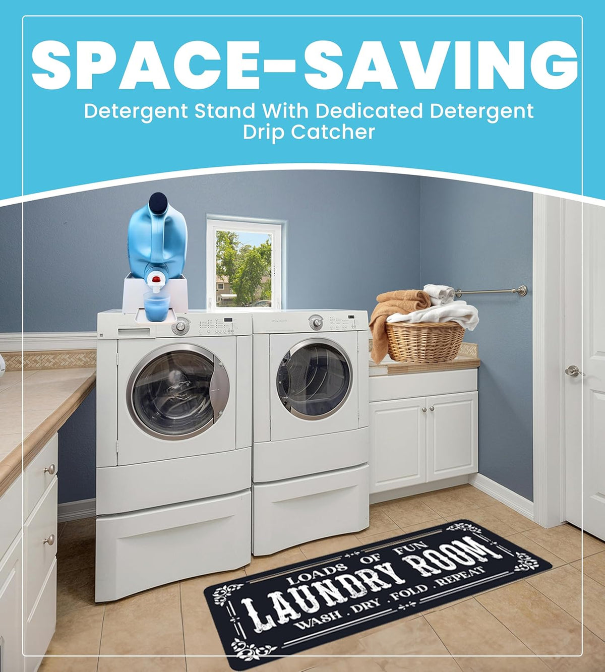 TidyFriend Laundry Detergent Holder with Laundry Room Rug Runner, Detergent Stand for Spill