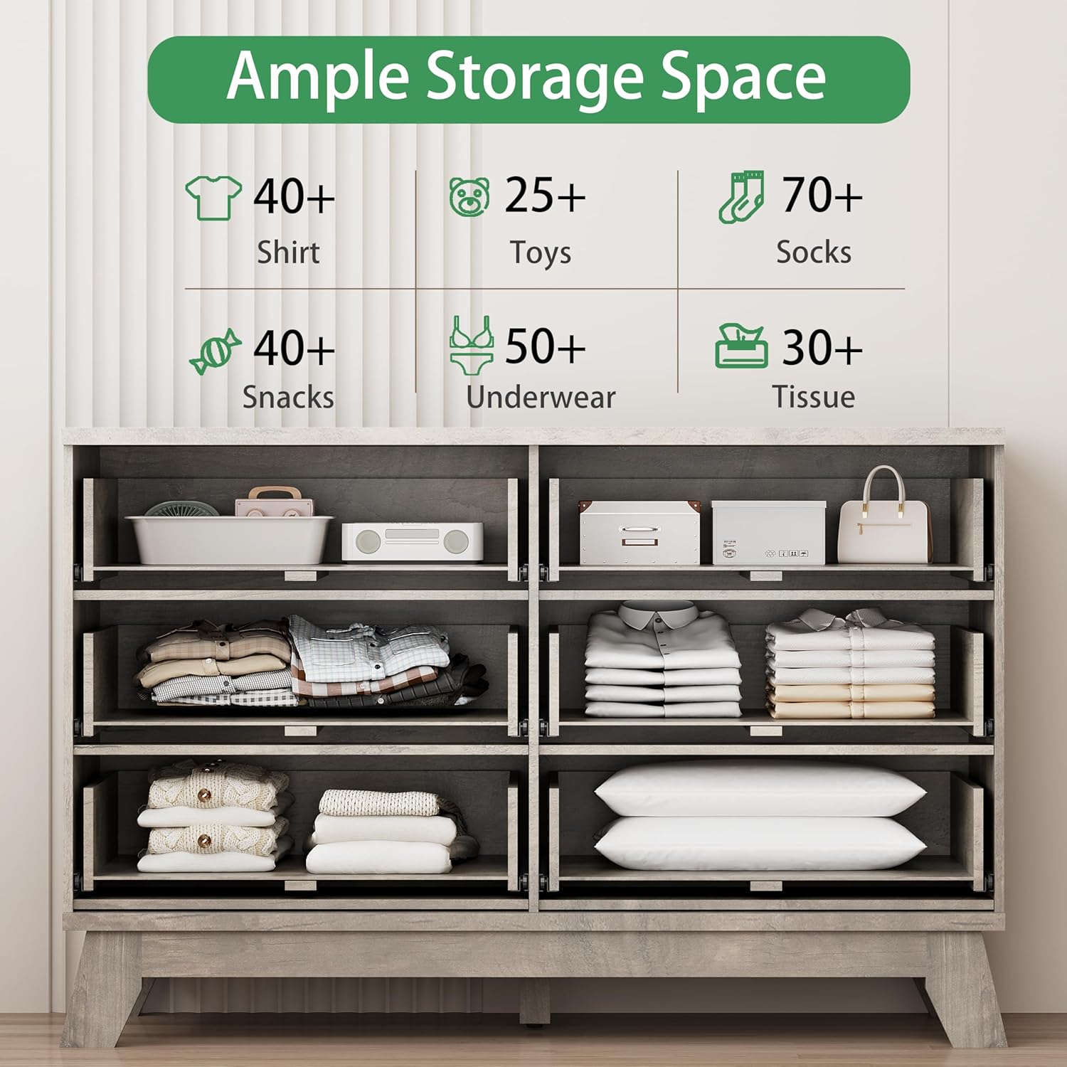 Fluted Dresser for Bedroom with 6 Drawers, 48" Wide Modern Chest of Drawers with Metal Handle