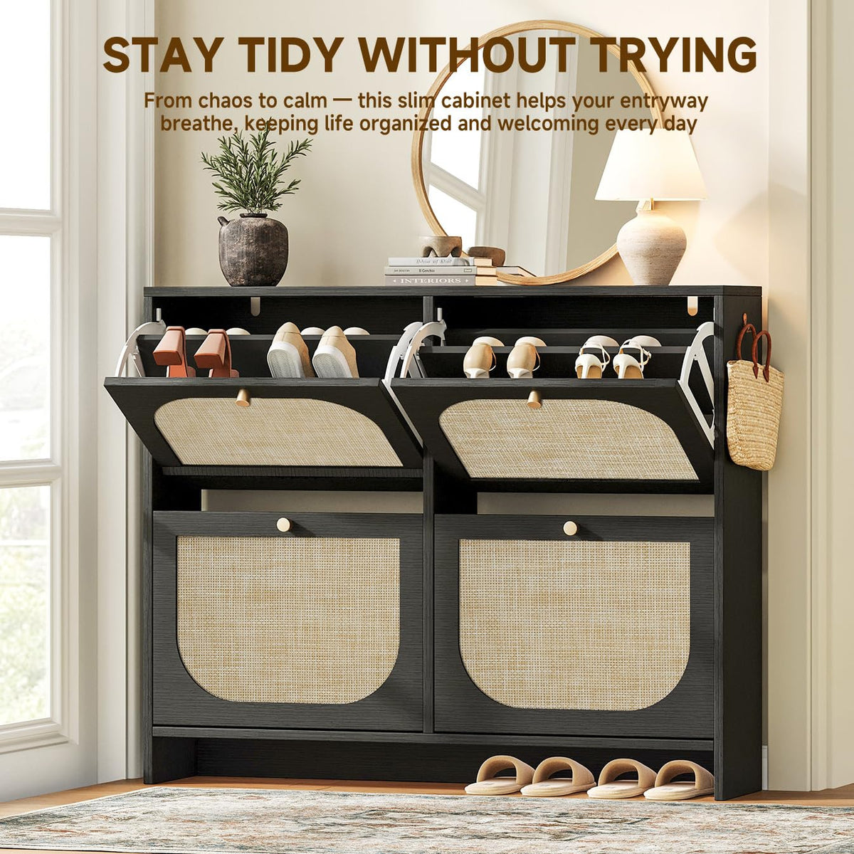 Shoe Cabinet for Entryway with 4 Flip Drawers, 9.5" Slim Wooden Shoe Storage Cabinet Fits Size 12+