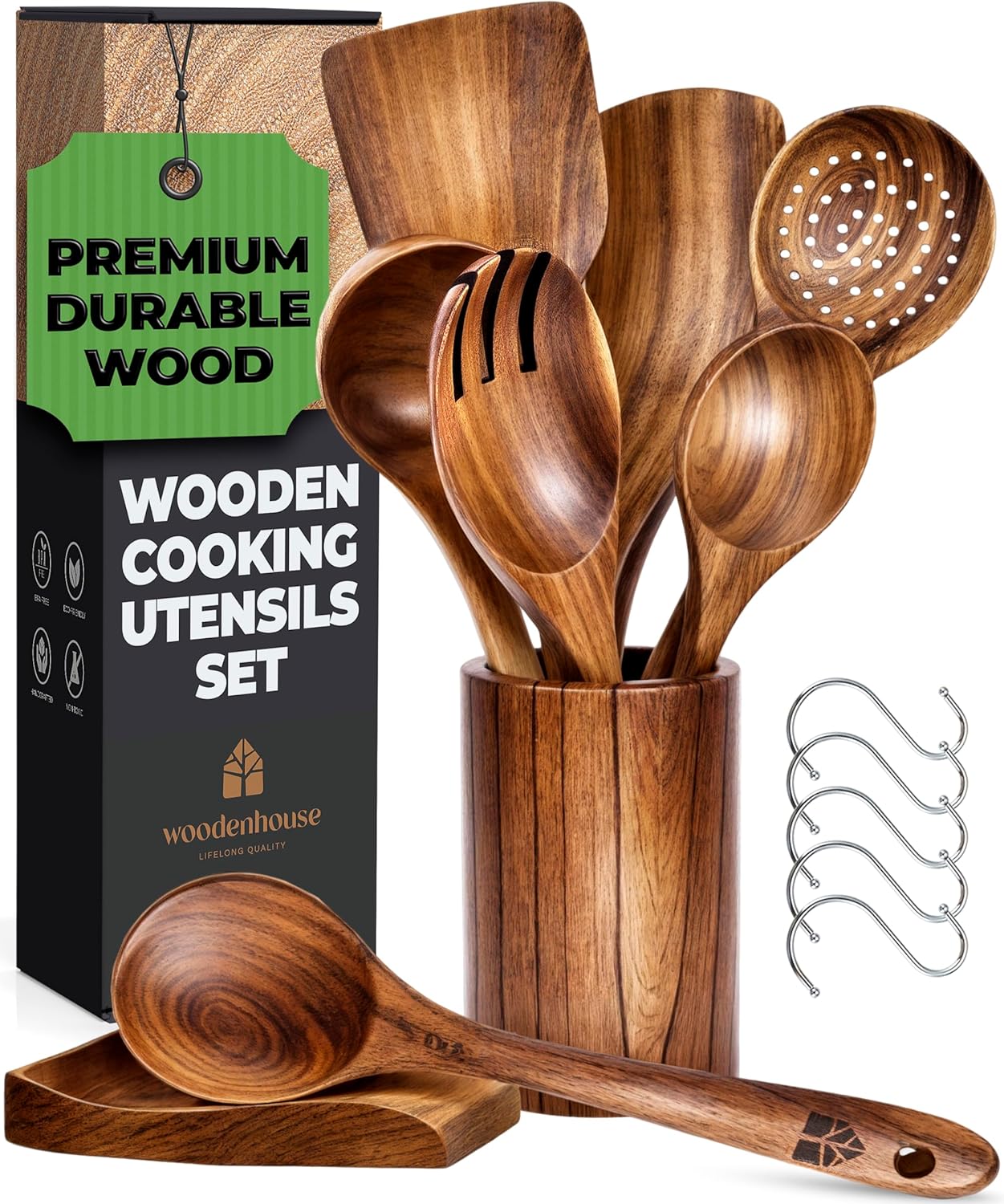 8 Pcs Teak Wooden Utensil Set with Holder, Spoon Rest & 6 Hooks - Durable Wooden Spoons for Cooking