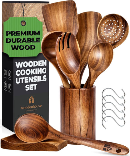 8 Pcs Teak Wooden Utensil Set with Holder, Spoon Rest & 6 Hooks - Durable Wooden Spoons for Cooking