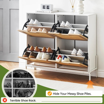 IDEALHOUSE Rattan Shoe Storage Cabinet with 4 Flip Drawers, Freestanding Shoe Organizer with