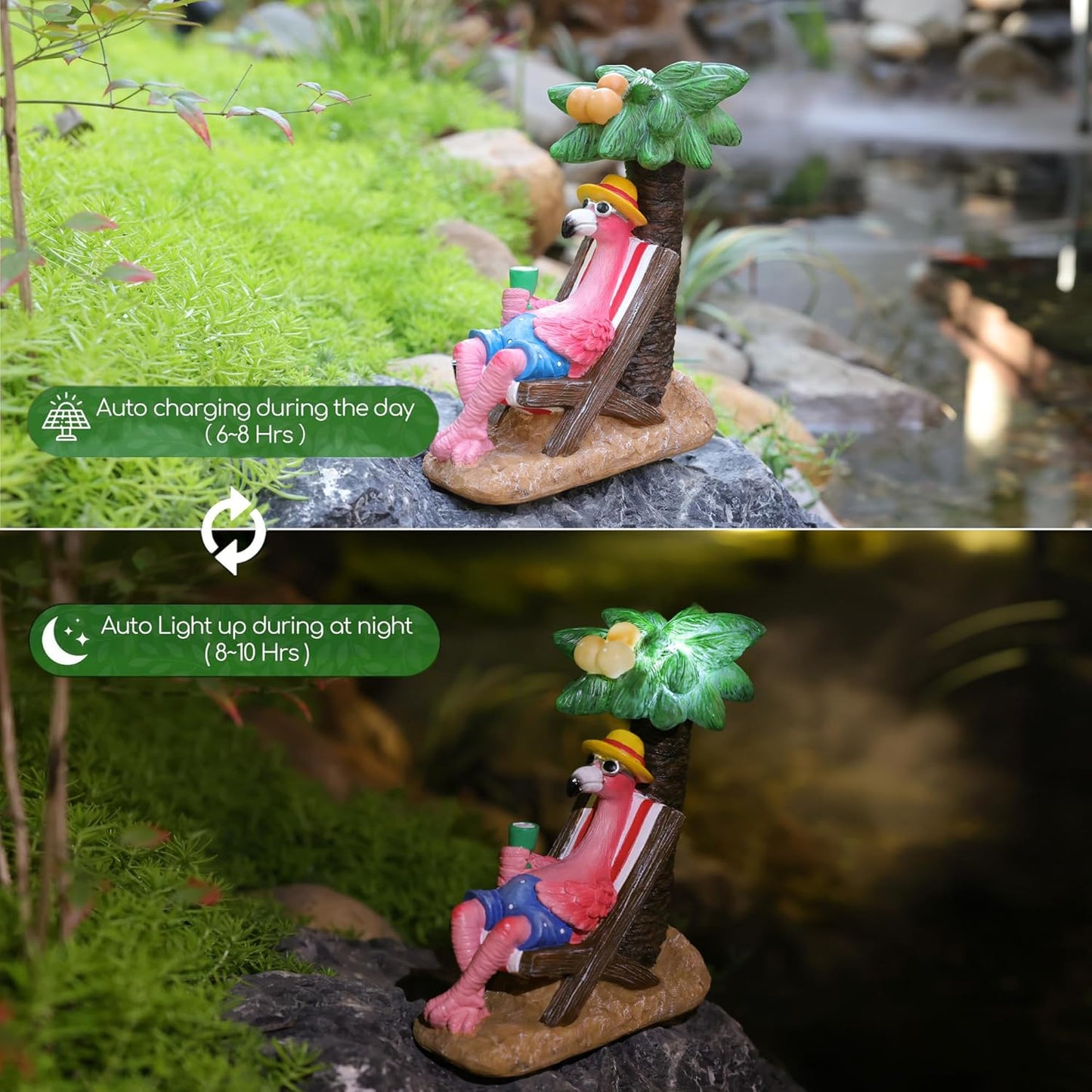 Pink Flamingos for Yard-Solar Garden Statues Gifts - Flamingos on Beach Vacation Light up Coconut