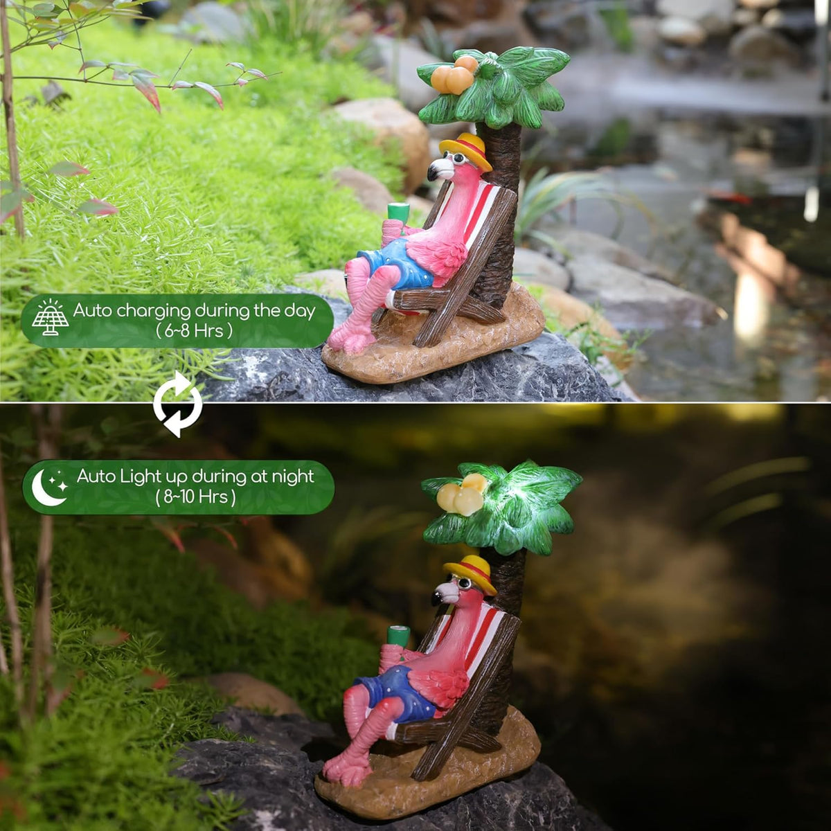 Pink Flamingos for Yard-Solar Garden Statues Gifts - Flamingos on Beach Vacation Light up Coconut