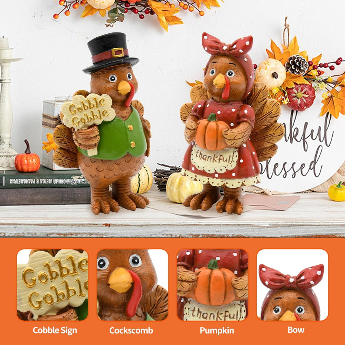 Thanksgiving Turkey Decor - 2Packs Resin Turkey Couple Standing Figurines Thanksgiving Decorations