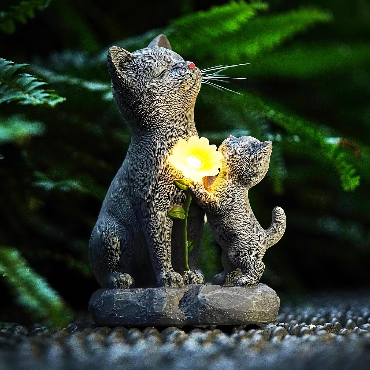 Solar Cat Garden Statue Outdoor Decor - Mother & Kitten Figurines with Flower LED Light, Outside