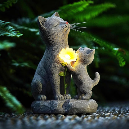Solar Cat Garden Statue Outdoor Decor - Mother & Kitten Figurines with Flower LED Light, Outside