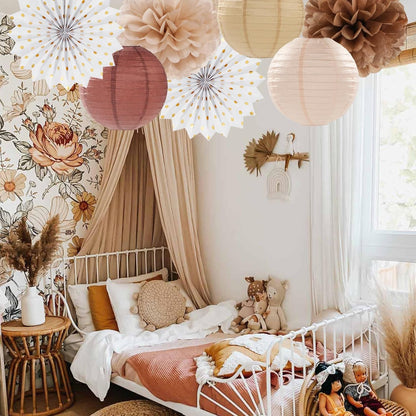 Boho Baby-Shower Party-Decorations Streamers-Lanterns - 14pcs White Brown Champagne Neutral