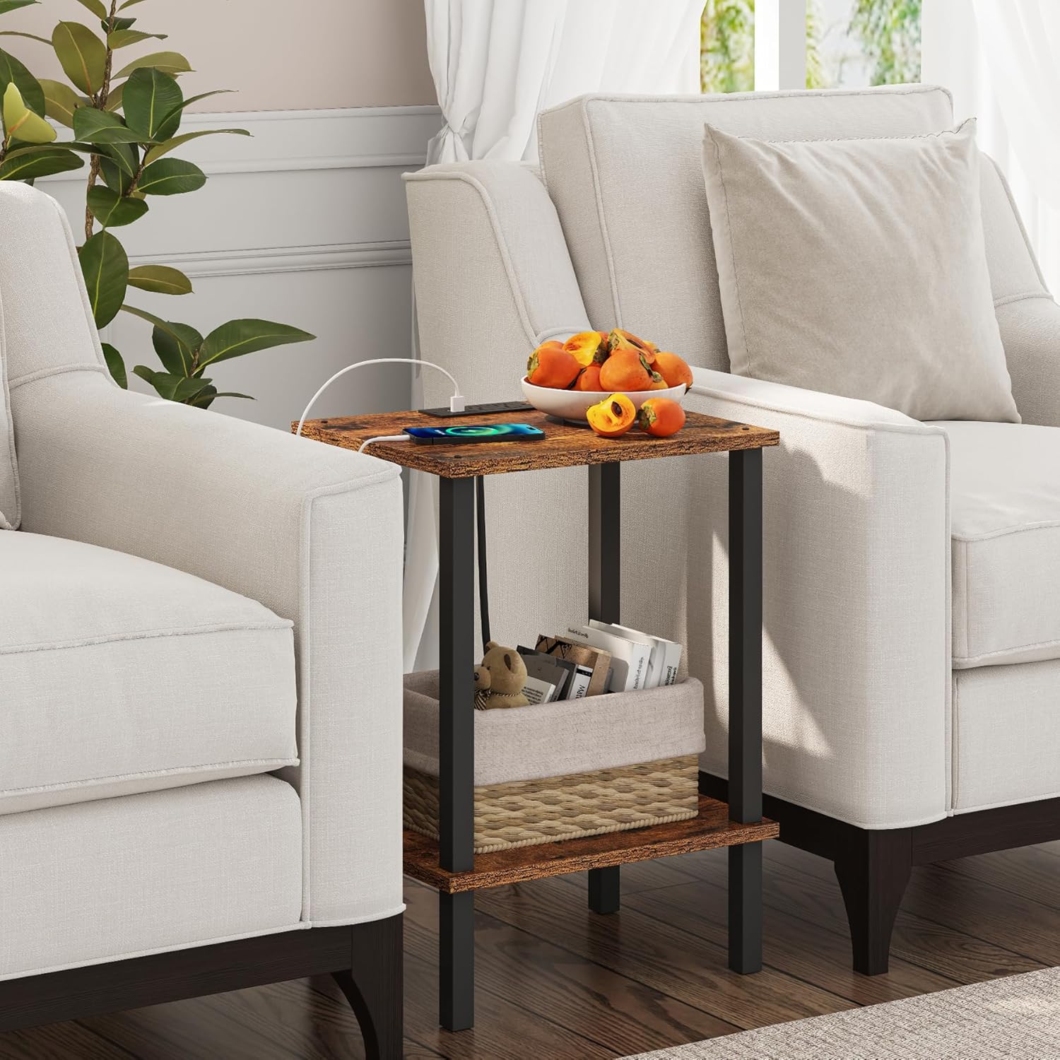 TUTOTAK End Table with Charging Station, Side Table with USB Ports and Outlets, Nightstand, 2-Tier