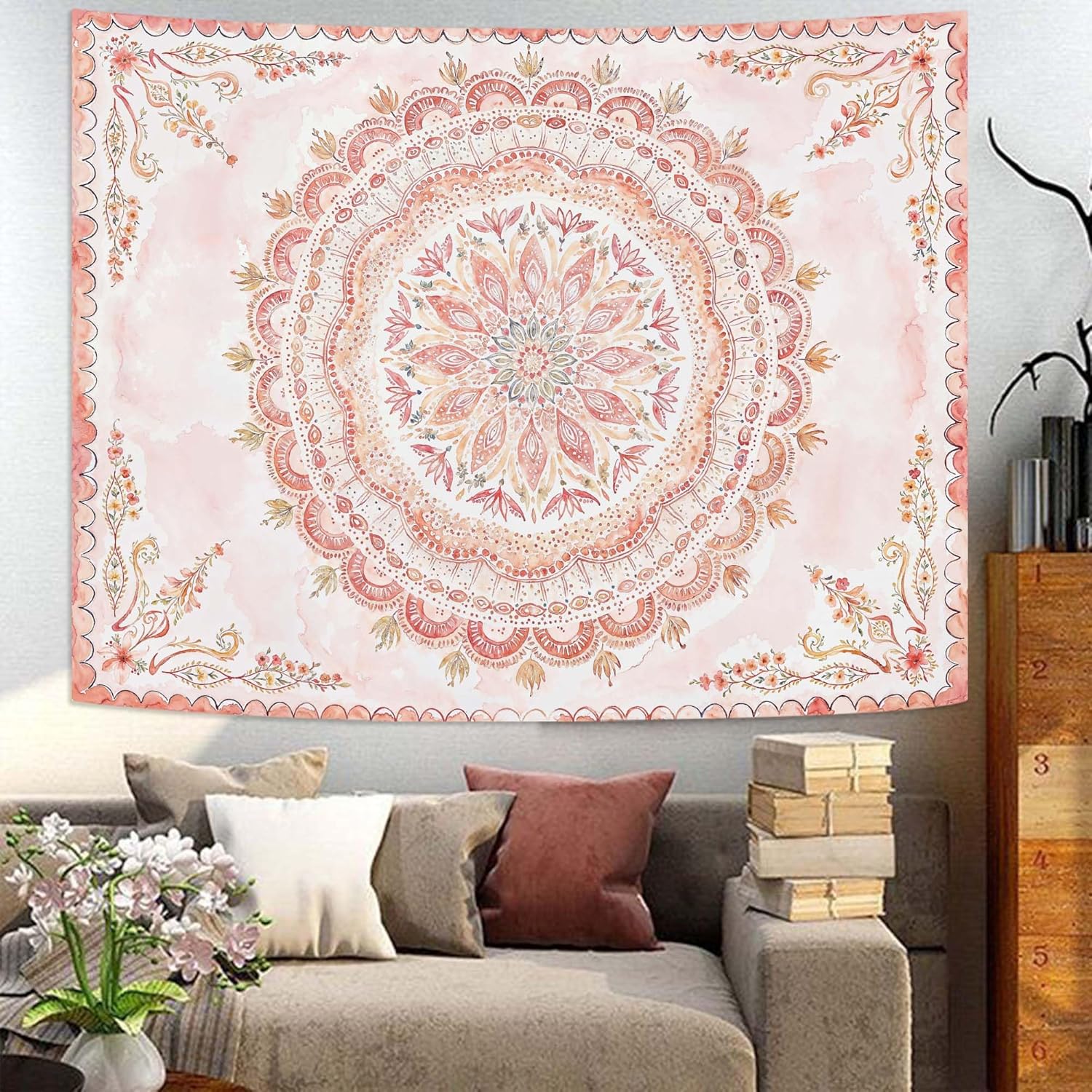 Fowocu Boho Floral Mandala Tapestry Wall Hanging Pink Bohemian Flower Medallion Tapestry Aesthetic