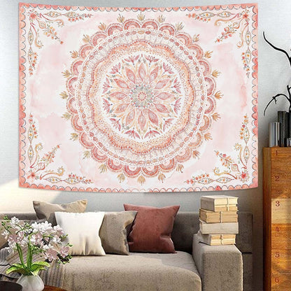 Fowocu Boho Floral Mandala Tapestry Wall Hanging Pink Bohemian Flower Medallion Tapestry Aesthetic
