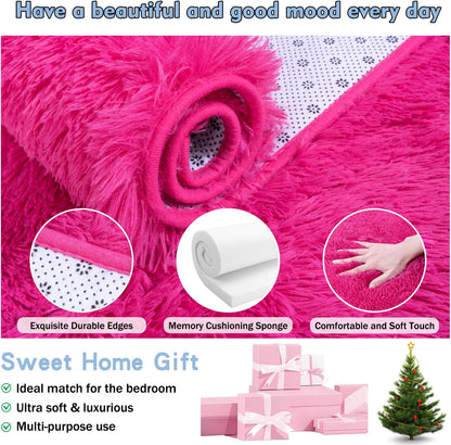 Rezutan Soft Fluffy Rug for Girls Bedroom 2x3 Feet Hot Pink, Fluffy Shag Area Rugs for Living Room
