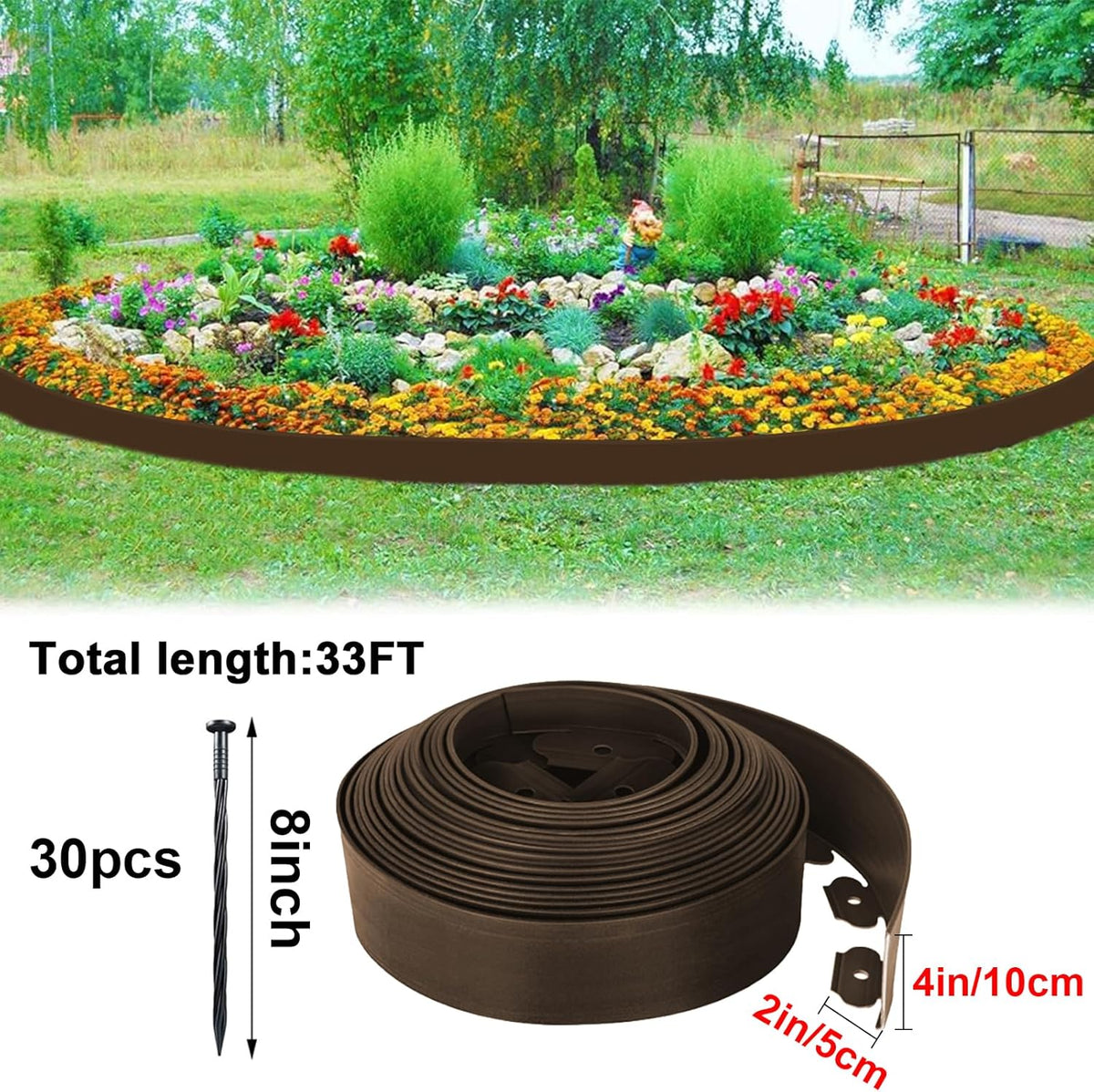 Landscape Edging Border 33 FT with 30 Spikes,No Dig Garden Edging Lawn Border [Extra Tall 4IN