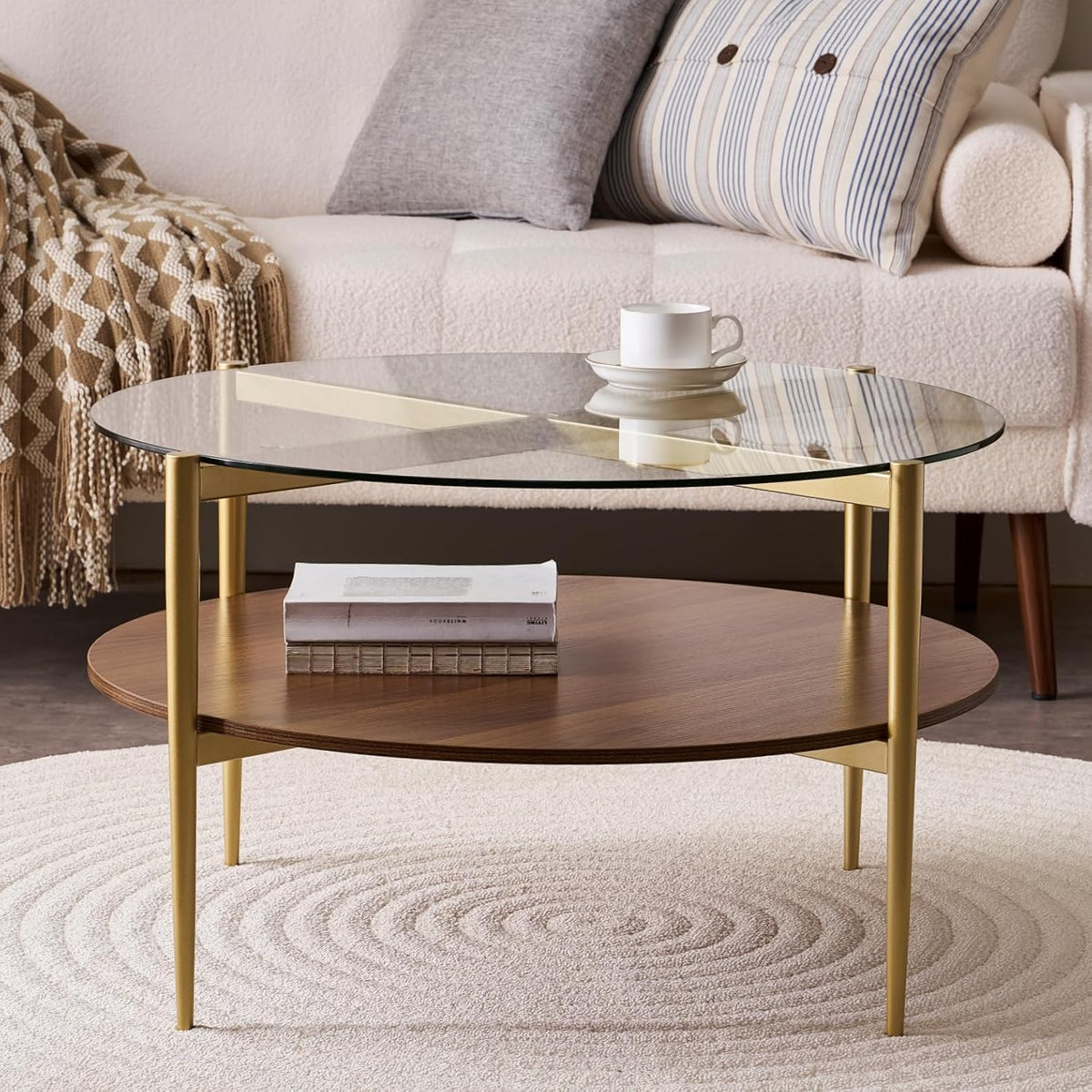 Round Coffee Table, Mid-Century Modern Design, D30“ x H17”, for Living Room, 2-Tier Structure