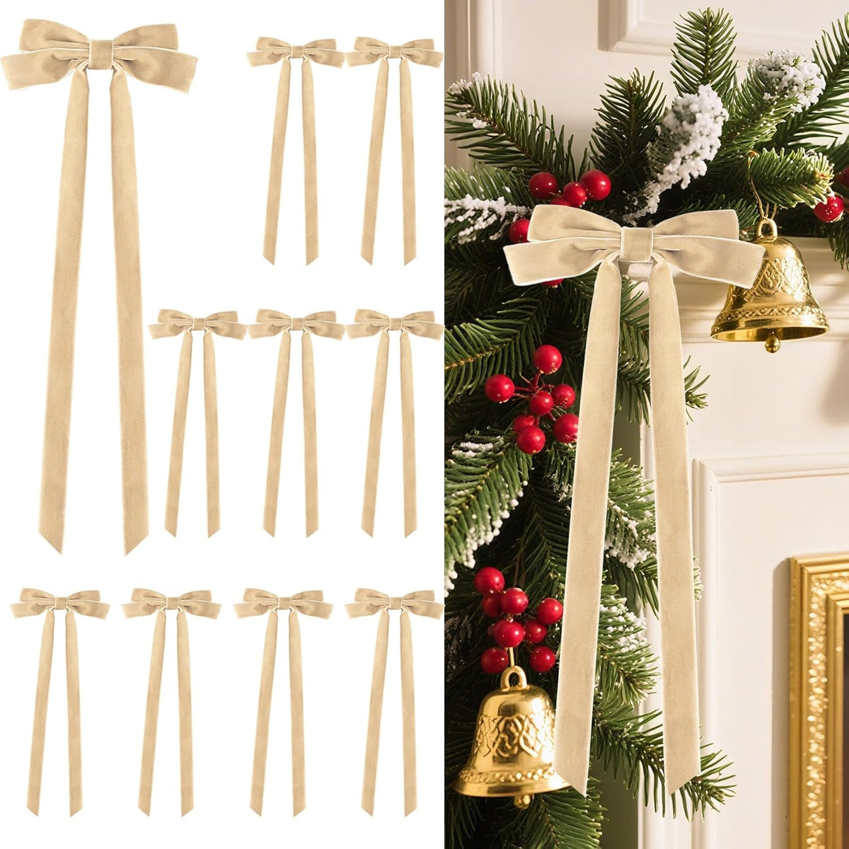 Senjie 10Pcs Large Velvet Christmas Tree Bows, 20in x 8in Premade Vintage Ribbon Tree Topper Bows