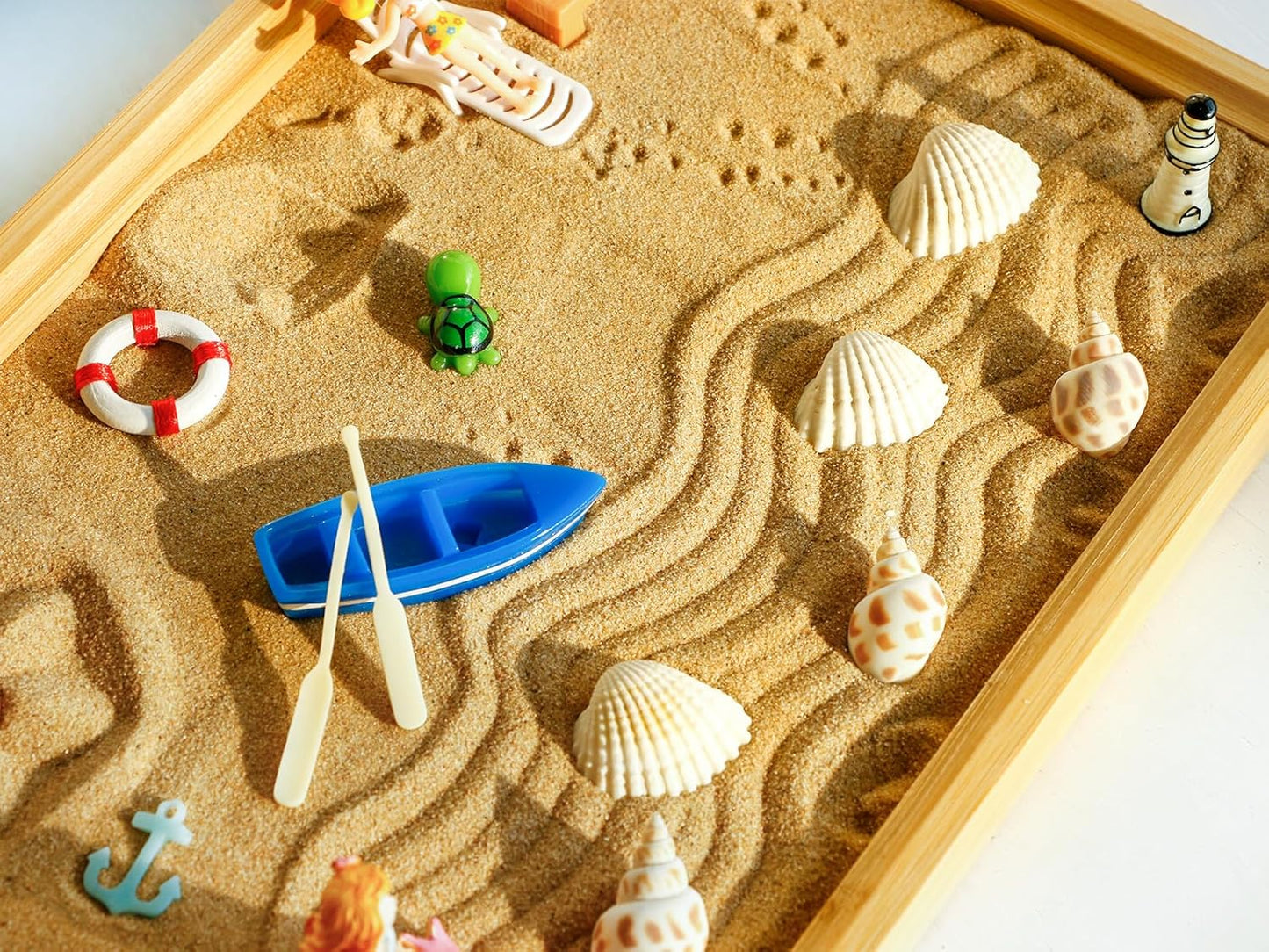 Desktop Miniature Beach Zen Garden - Mini Home Office Tabletop Sandbox Bamboo Rakes Stamps Tray