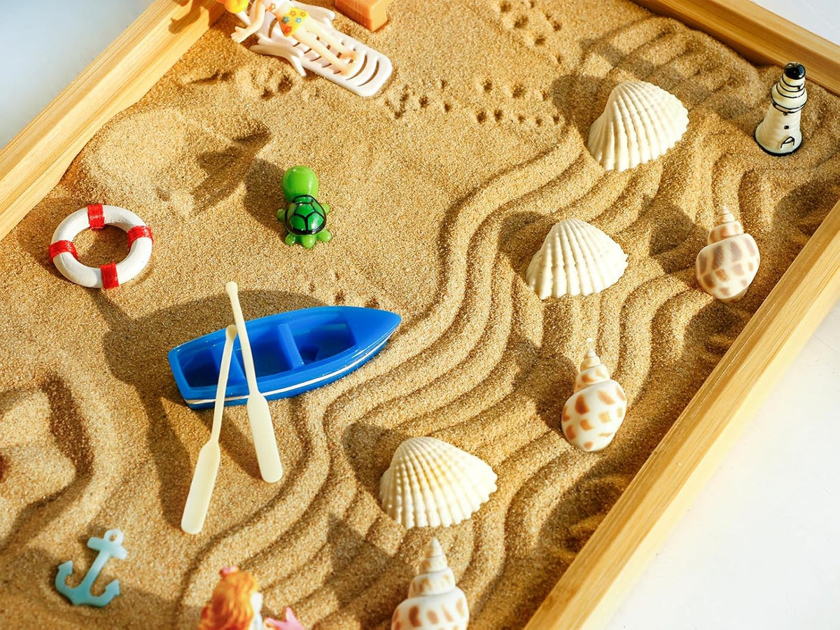 Desktop Miniature Beach Zen Garden - Mini Home Office Tabletop Sandbox Bamboo Rakes Stamps Tray