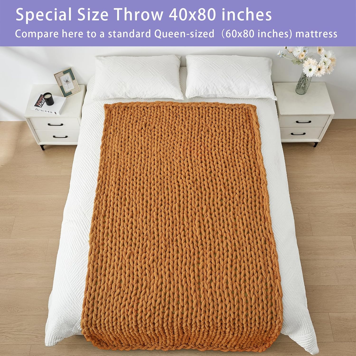 Bigacogo Chunky Knit Throw Blanket for Couch, 40x80 inches, 100% Hand Knitted with Thick Jumbo