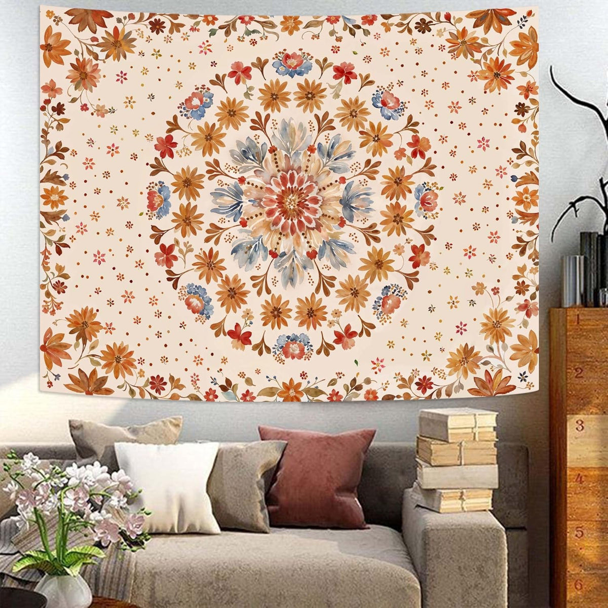 Fowocu Boho Floral Mandala Tapestry Wall Hanging Watercolor Bohemian Flower Medallion Tapestry