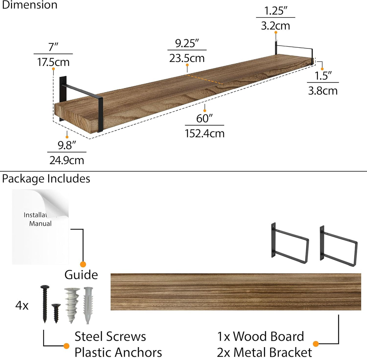 Wallniture Toledo 60 inch Floating Shelf with Heavy Duty Bookend Brackets, Wooden Shelves for Wall