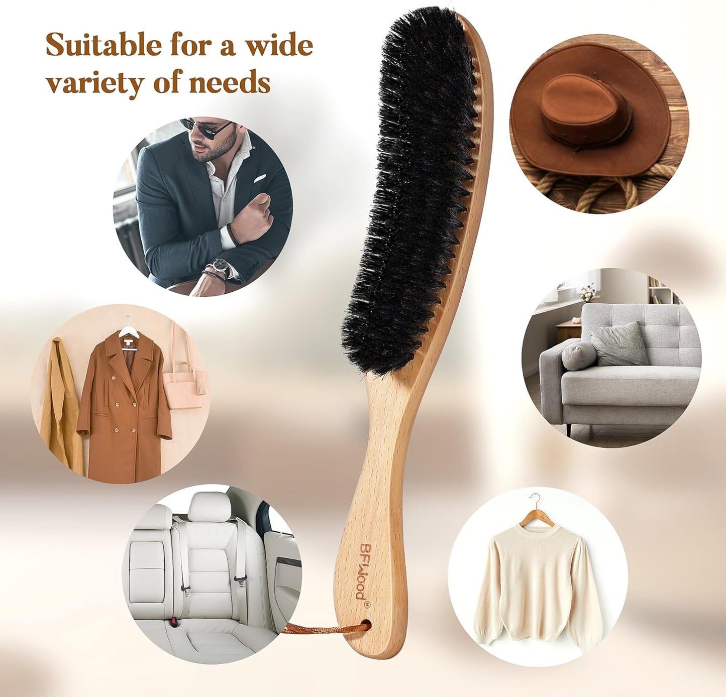 BFWood Clothes Brush - Boar Bristle Hat Brush Lint Brush for Suits, Cashmere, Wool, Velvet, Suede