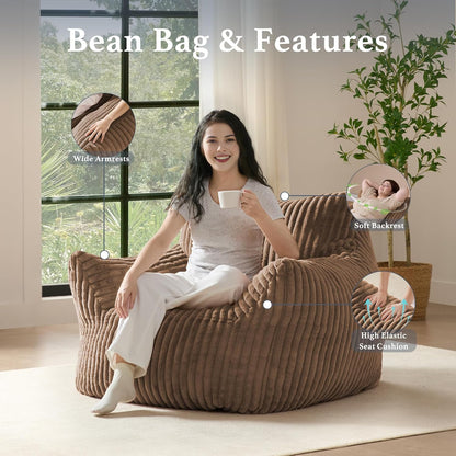 Giant Plush Bean Bag Chair for Adults with Armrests - Oversized Comfy Khaki Beanbag Lounge Lazy