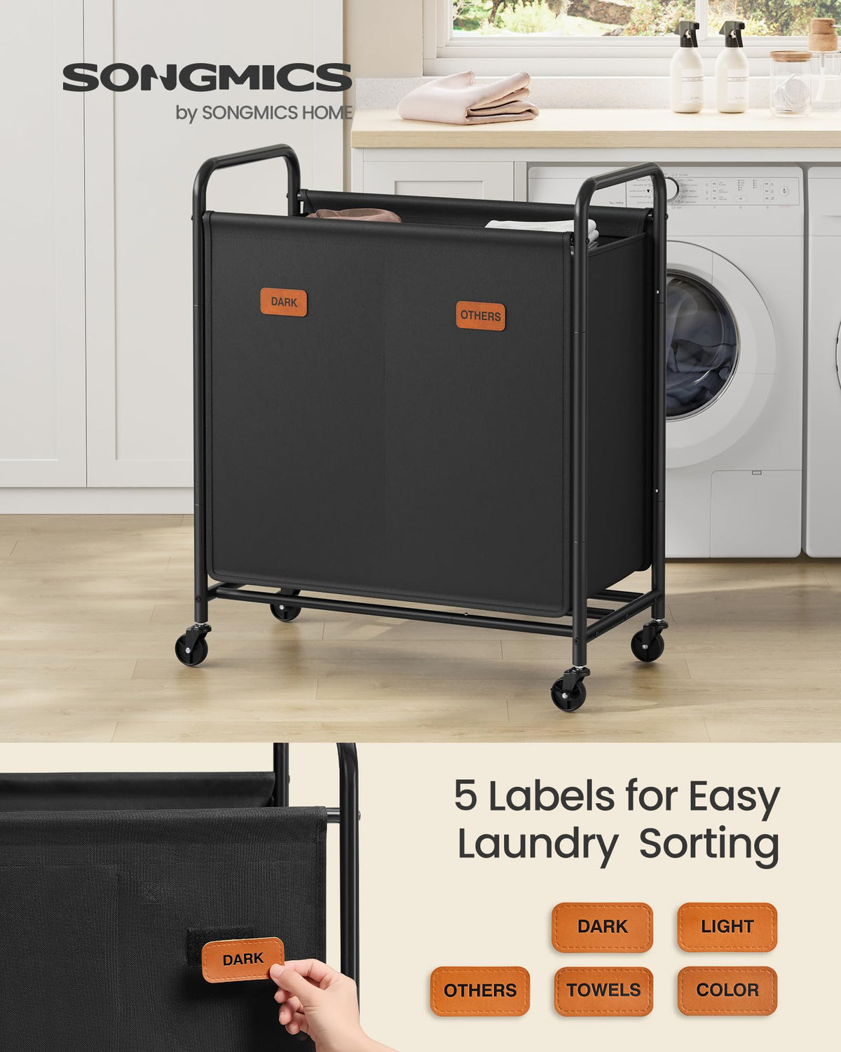 SONGMICS 2-Section Laundry Sorter, Laundry Hamper with Wheels, Rolling Clothes Hamper Cart with