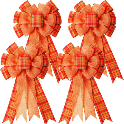 Iceyyyy 4Pcs Large Fall Thanksgiving Wreath Gift Bow -18.8x10.6inch Orange Buffalo Plaid Check