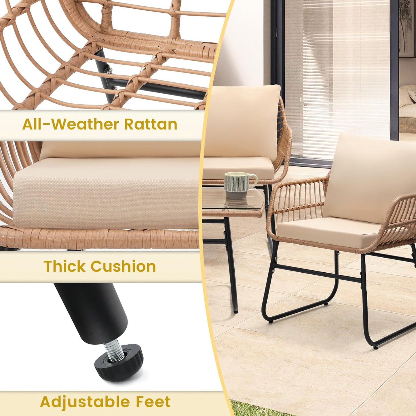 Kromax 4 Piece Patio Bistro Outdoor Furniture Set, Wicker Sofa, 2 Rattan Chairs, and Table