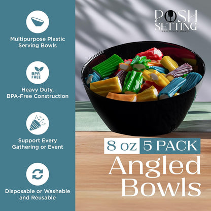 Posh Setting Black Plastic Serving Bowls Disposable - Angled Bowls - Angled Candy Bowl - Plastic