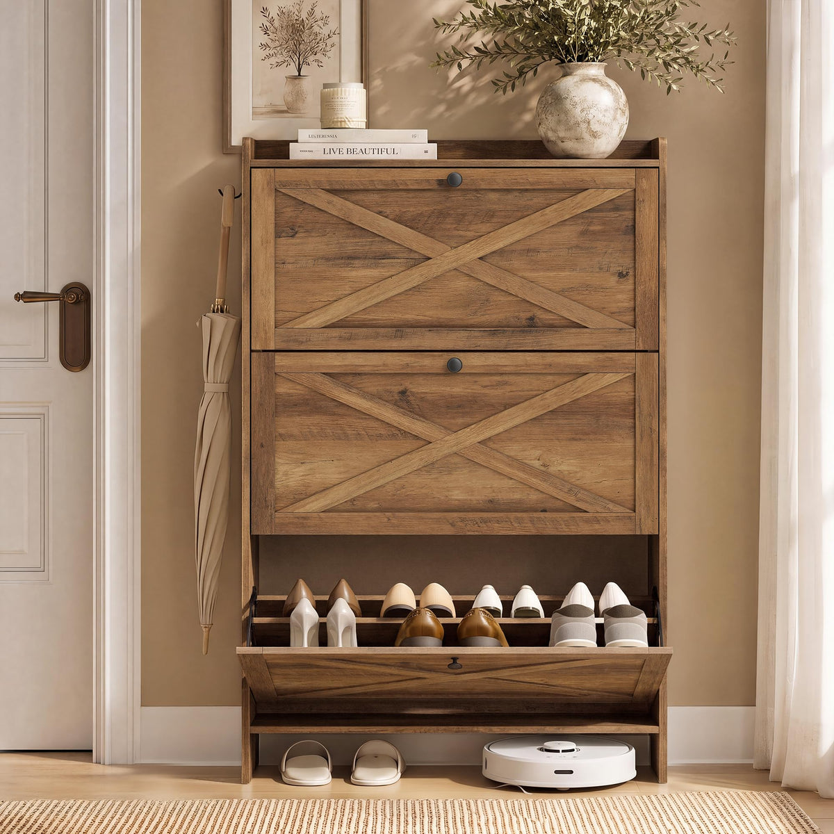 VASAGLE Shoe Storage Cabinet Organizer with 3 Flip Drawers, Freestanding Narrow Shoe Rack Cabinet