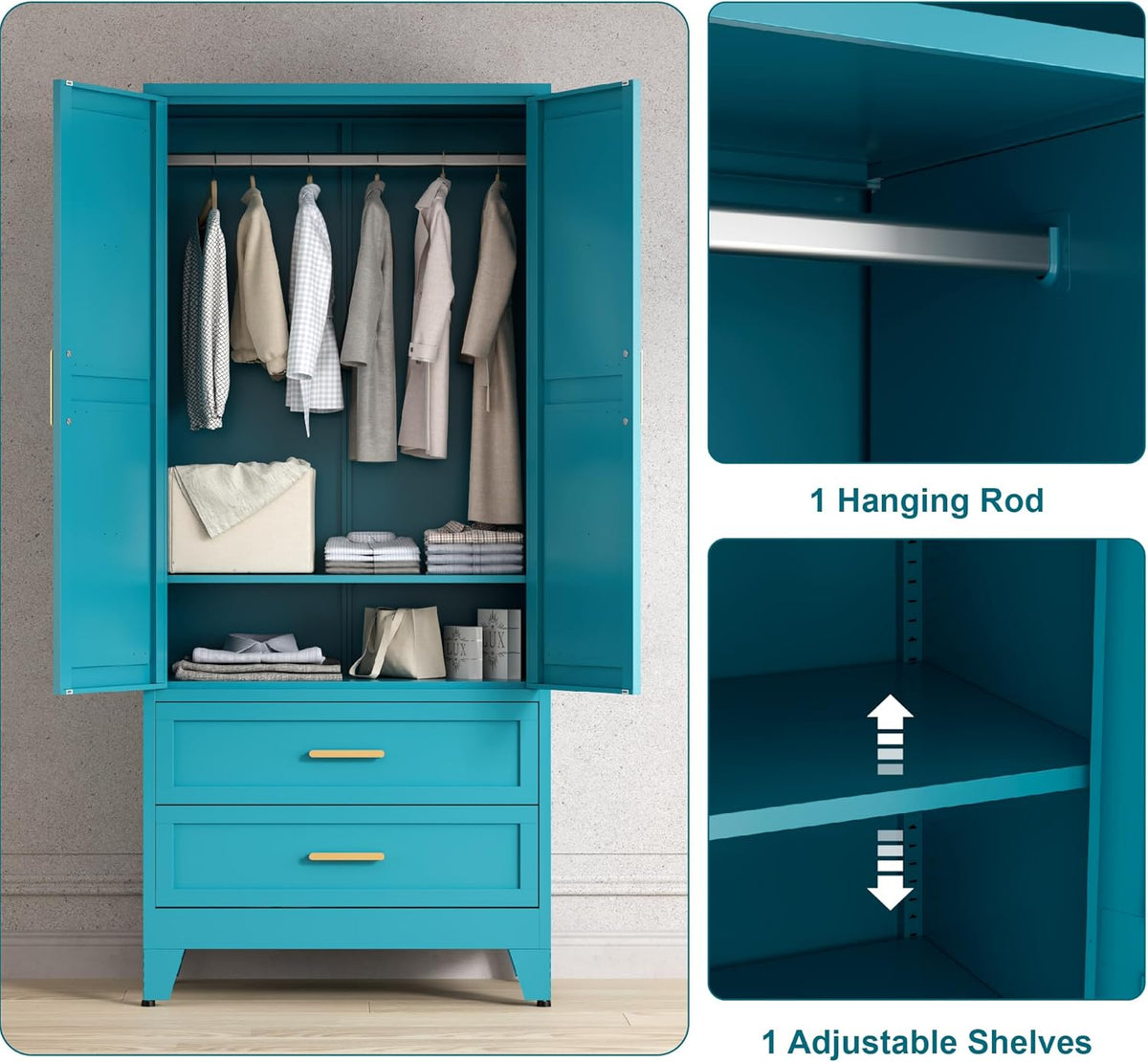 71'' Farmhouse Metal Wardrobe Cabinet with Hanging Rod, 2 Barn Door Wardrobe Closet with Adjustable