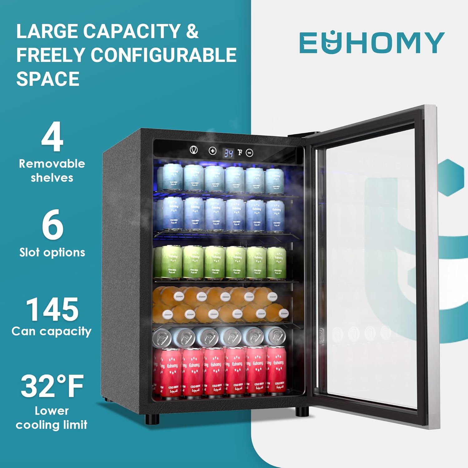 EUHOMY 4.5 Cu.ft Beverage Refrigerator and Cooler, 145 Can Mini fridge with Glass Door for Soda
