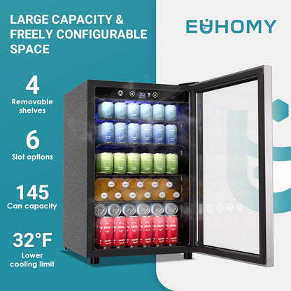 EUHOMY 4.5 Cu.ft Beverage Refrigerator and Cooler, 145 Can Mini fridge with Glass Door for Soda