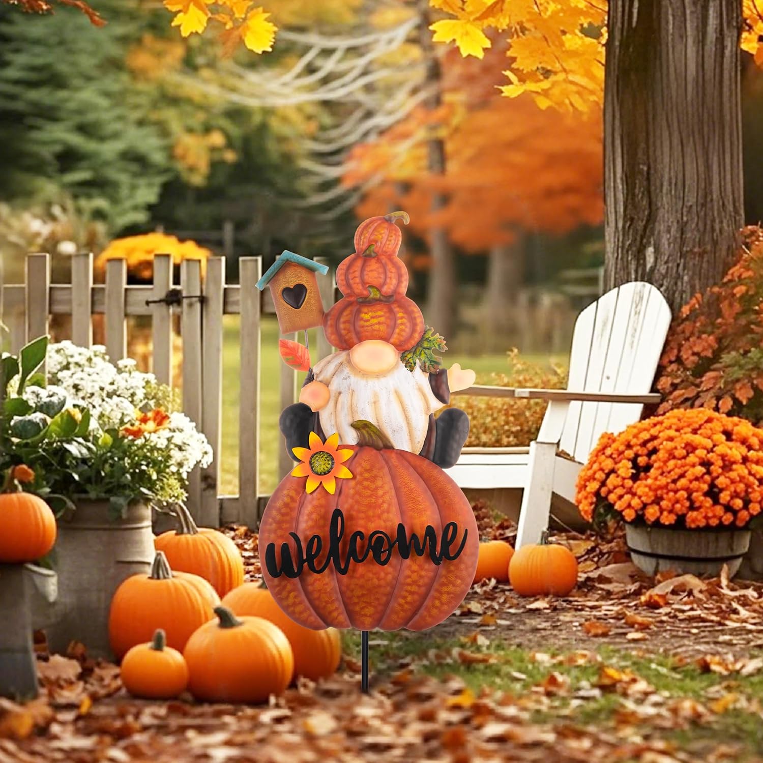 TERESA'S COLLECTIONS Fall Gnome Pumpkin Decorations for Outdoor Home, Metal Fall Decor Welcome
