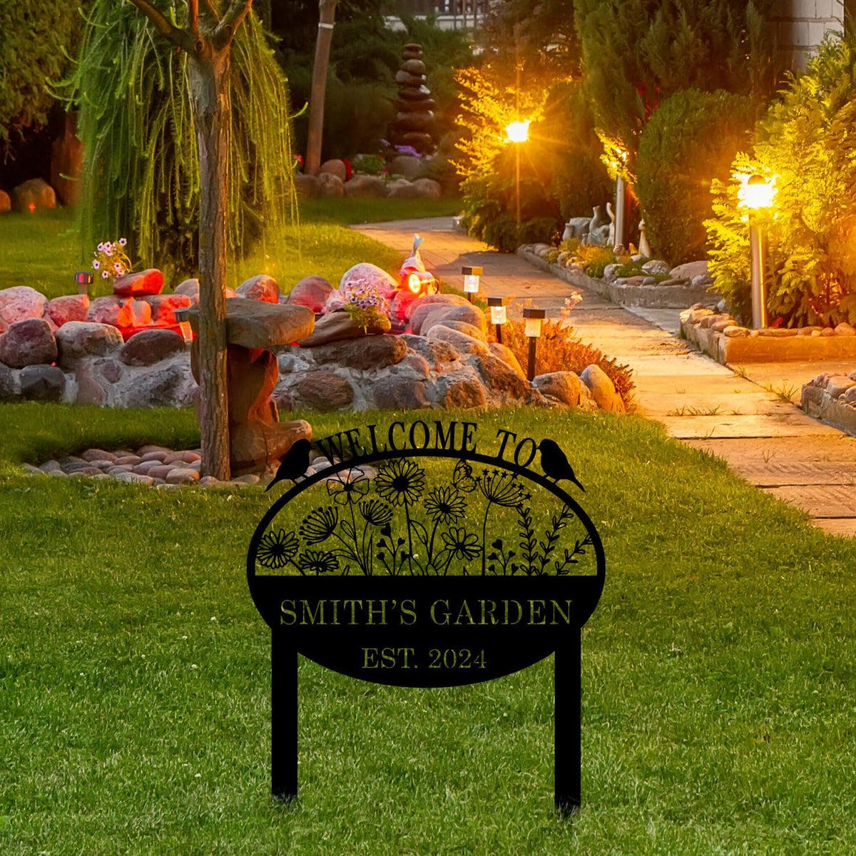 Custom Metal Flower Sign with Stakes - Personalized Garden Decor, Housewarming Gift - Large Yard